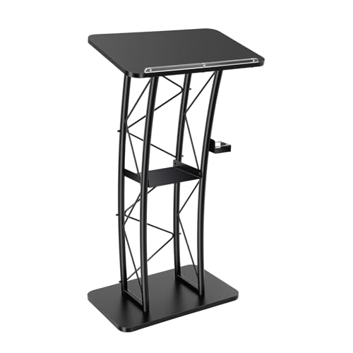 LIAPDG Curved Podium, Stand Up Church Pulpit Slanted Lectern Portable Church Pulpit with Shelf & Drink Holder Metal Black Podium Pulpit Lectern for Schools 23.62 x 15.75 x 47.24 Inch
