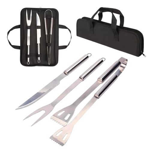 Kit Churrasco Inox 3 Peças com Estojo, Utensílios para Churrasco com Faca, Garfo e Pegador, Acessórios de Churrasco em Aço Inoxidável