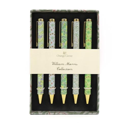William Morris Ballpoint Pens, Set of 5 Twist-Action Black Ink Pens in Gift Box, Mixed Green & Blue Floral Designs