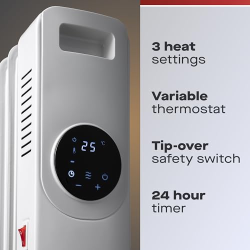 Daewoo Oil Filled Radiator, 1500W, Ideal For Small To Medium Rooms, Enhanced Safety Features, Timer And Adjustable Thermostat, LED Display And Remote Control, Portable With Cord Storage, White