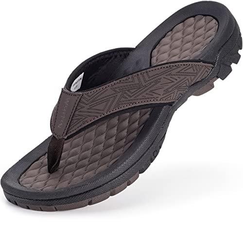 WHITIN Men's Waterproof Leather Sandals Thong Flip Flops with Arch Support Outdoor Climbing Size 14 Comfortable Slip Resistant Hiking Athletic Sandles Male Indoor Beach Slipper Sport Slides Brown 48