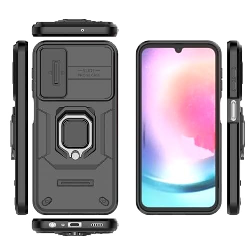 Image of Polycarbonate Camshield Pro Case With Slide Camera Protection And 360 Protection Ring Stand Bumper Back Case Cover For Samsung Galaxy A24 4G (Black)