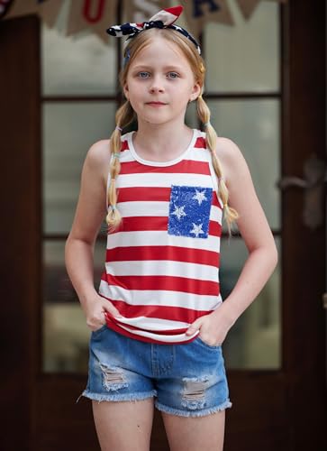 Image of 4th of July Girls Flag Tank Top Back Bow Sleeveless Patriotic Holidays T-Shirt 4-14 Years