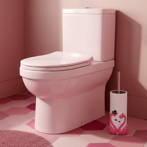 Image of 15 Inch Pink Toilet Brush Holder Set, Bathroom Storage | Resin rose design brush set, flamingo-inspired bathroom storage, modern organizer with holder