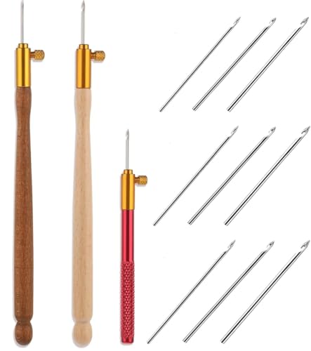 GBSCLOVER 3Pcs Tambour Tools Wood Handle French Embroidery Crochet Hooks with 9 Stainless Steel Needles for Embroidery Sequin Beading Knitting