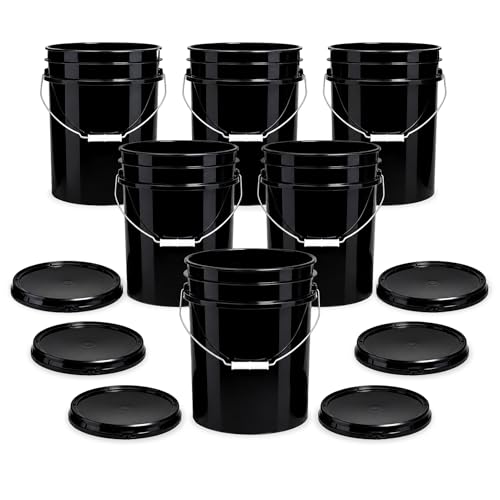 Image of ePackageSupply 5 Gallon Bucket - Food Grade w /Lid BPA-Free, 6 Pack - Black | Airtight Gasketed Tear Strip Lid, Heavy-Duty 90 Mil HDPE Plastic Pail, Bulk Storage, Food Safe Durable Container, Made in USA
