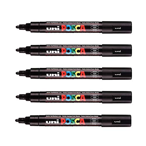 POSCA Mitsubishi Pencil - 5 Marqueurs Noirs PC5M - Pointe Conique Pointe Moyenne - Marqueur Peinture à Base d'Eau - Tout Support - Pour Papier, Textile,...