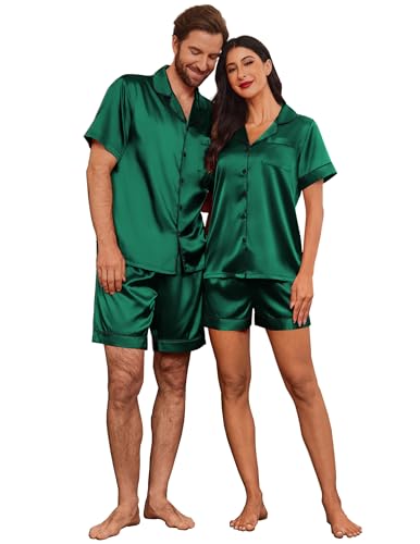 Image of Ekouaer Couple Matching Pajamas Sets Silk Short Sleeve Button Down Sleepwear Satin Pjs Shorts Set Soft Loungewear S-XXL