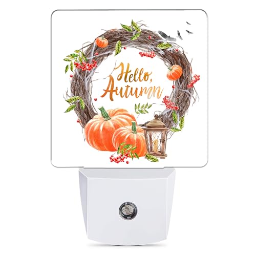 Image of Hello Autumn Night Light, Pumpkin Plug into Wall with Dusk to Dawn Light Sensors, Warm Nightlights for Bedroom, Bathroom, Hallway, Kitchen, Gifts Ideal for Boys Girls Women Men