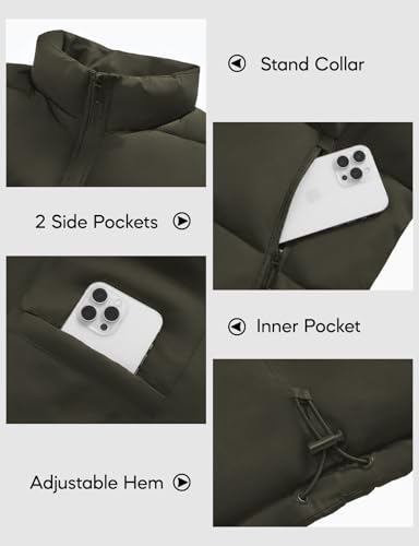 Image of WHN Men's Casual Puffer Vest Lightweight Full Zip Up Work Sleeveless Jacket Stand Collar Outerwear with 3 Pockets
