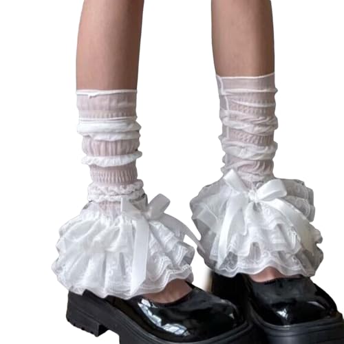 SOLILOQUY Women Y2K Ruffle Lace Leg Warmer Kawaii Lolita Long Thigh High Socks Harajuku JK Tiered Sheer Tulle Boot Cuff Cover