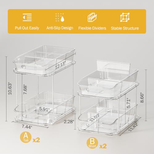 Image of Delamu 2-Tier Under Sink Organizers and Storage, Multi-Purpose Stackable Bathroom Cabinet organizers, Pull Out Kitchen Pantry Organization and Storage with Dividers(4 Pack, Clear)
