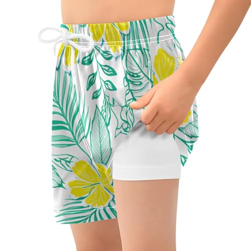 Boy Swim Trunks with Compression Liner Yellow Hibiscus Palms Boys Swim Shorts Quick Dry Beach Shorts2