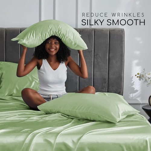 Image of MR&HM Satin Bed Sheets with Elastic Corner Straps, Full Size Sheets Set, 4 Pcs Silky Bedding Set with 15 Inches Deep Pocket for Mattress (Full, Light Sage)