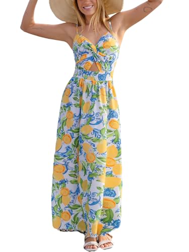 Image of CUPSHE Summer Dress for Women V Neck Sleeveless Floral Cutout Smocked Ruffled Maxi Formal Beach Dress