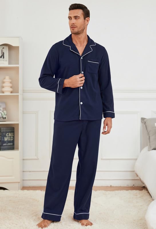 U2SKIIN Mens Button Down Pajamas Set Soft Classic Lapel Sleepwear Long Sleeve Flannel Top & Pants Set2