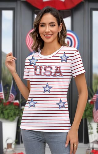Image of Ithalt Women 4th of July Shirt Fourth of July Shirts USA Sequin Tshirt American Patriotic T-Shirt Stripes Tee Tops