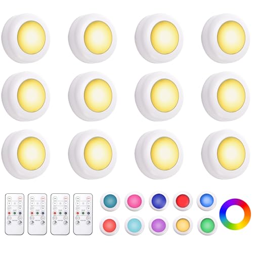 Hbaushun LED Puck Lights 12 Pack,16 Color Changeable Wireless LED Cabinet Lights,Battery Operated Night Light with Dimmer & Timmer for Bedroom,Closet, Kitchen,White