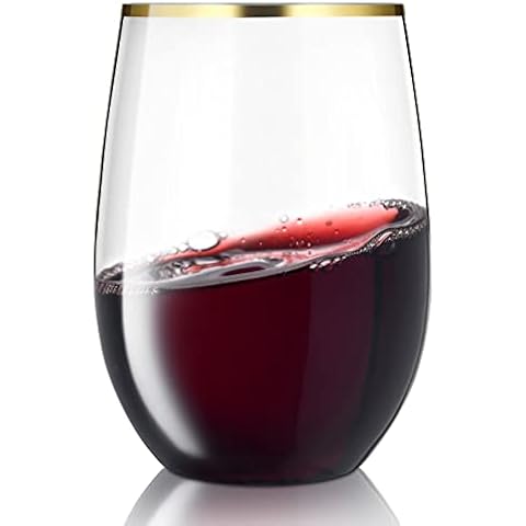30 Pack Stemless Plastic Wine Glasses - 16 Oz - BPA Free Disposable Wine Glasses for Parties - Shatterproof Plastic Stemless Wine Glass for All Drinks - Gold Rimmed Wine Glasses Cover
