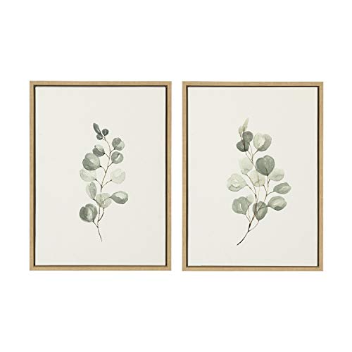 Kate and Laurel Sylvie Eucalyptus Framed Linen Textured Canvas Wall Art Set by Maja Mitrovic, 2 Piece 18x24 Natural, Sophisticated Botanical Art for Wall