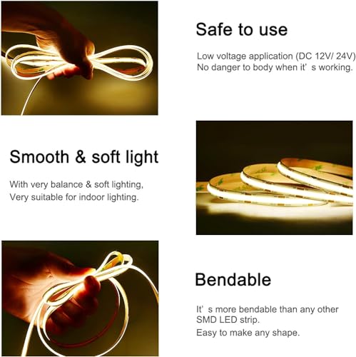 Image of COB LED Strip Lights UL Listed DC 24V LED Lights Flexible Super Bright LED Strips,16.4ft 4000K Natural White,CRI 90+,2400LEDs High Density Uniform Light for Home Room Decor