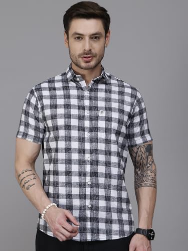 Image of Majestic Man Men Slim Fit Pure Cotton Checkred Half Sleeve Casual Shirt