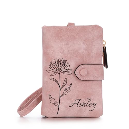 Personalized Leather Wallets for Women with Zipper Coin Purse, Wrist Strap, Small Ladies Wallet with Name Birth Flower for Girlfriend Wife Mother's Day - Pink
