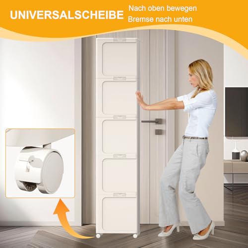 Image of 5-Tier Slim Tall Bathroom Cabinet, Plastic Narrow Cabinet with Doors and Shelves, Floorstanding Skinny Organizer with Wheels
