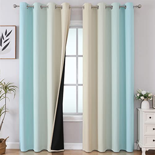 Estelar Textiler Aqua and Beige Blackout Curtains 102 Inch Length 2 Panels Set, Thermal Insulated Ombre Grommet Drapes for Bedroom, Full Room Darkening Gradient Curtains for Living Room,52Wx102L