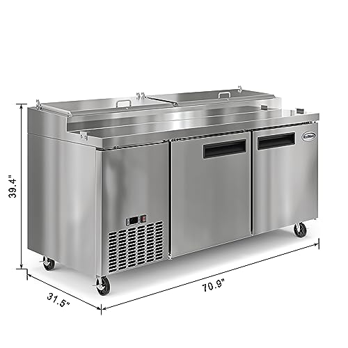 Image of KoolMore 71 in. Commercial Pizza Prep Table with Built-In Refrigerator, Cutting Board, Food Protection Lid, Cold Storage, Rolling Caster Wheels in Stainless Steel, ETL Listed, (KM-RPPS-2DSS)