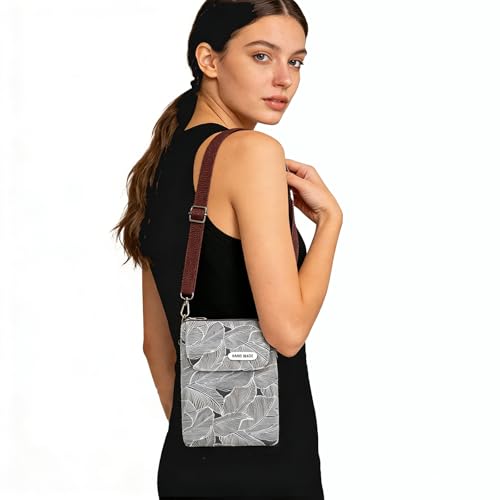 Image of LassZone Canvas Cute Crossbody Bags for Women Mini Shoulder Handbag Cell Phone Purse Wallet Leaves Pattern Coin Pouch, Black Grey, 7.6*5.5*1.5 inch