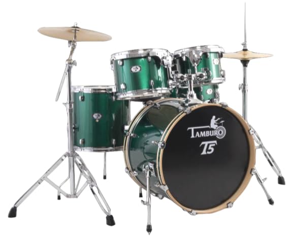 Tamburo T5 Batteria Acustica Completa, Verde Sparkle, 5 Pezzi con Cassa 20"x16", Hardware e Piatti, T5P20GRSK