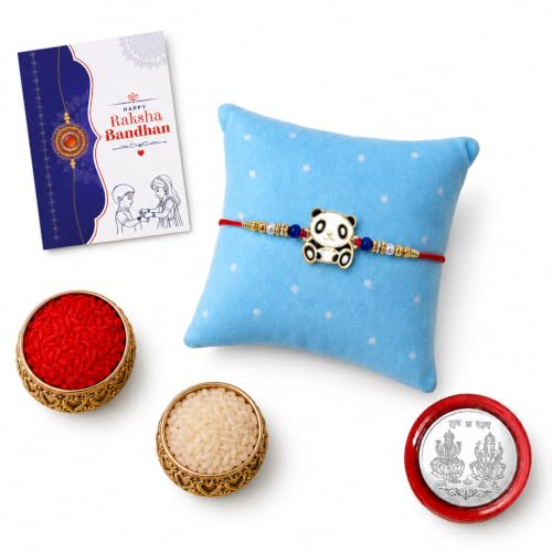 Image of Garth Cute Panda Designer Rakhi for Brother - Handmade Raksha Bandhan Thread Bracelet with Silver Color Pooja Coin, Tilak Set & Greeting Card, Traditional Festival Gift for Bhai (Set of 1)