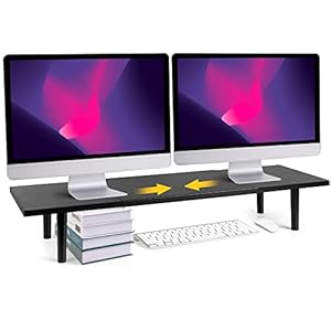 Dual-Monitor-Stand-Riser-For-Desk Adjustable Length 32-40 Inch，Large Desktop Computer Monitor Riser For 2 Screens，Desk Shelf Organizer Riser Stand For Computer/Laptop/PC/Printer/TV Black