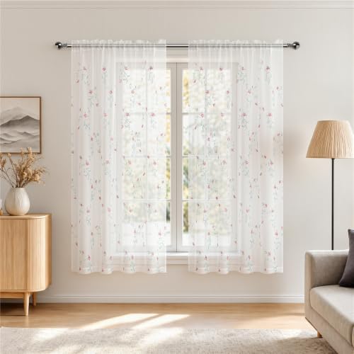 Taisier Home Floral White Sheer Curtains Flower Print Vine Embroidery Bedroom Curtain Rod Pocket Voile Window Curtains for Living Room, 52 x 72 inches Long, Set of 2 Panels,Red Buds with Green Branch