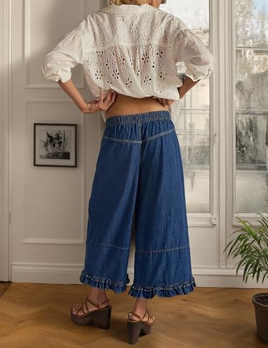 Dqbeng Wide Leg Jeans for Women Ruffle Hem Cropped Denim Pants Mid Rise Elastic Waist Baggy Jeans with Pockets3