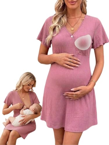 Maternity Nursing Gowns Ribbed Sleepwear with Built in Bra Dress Pink