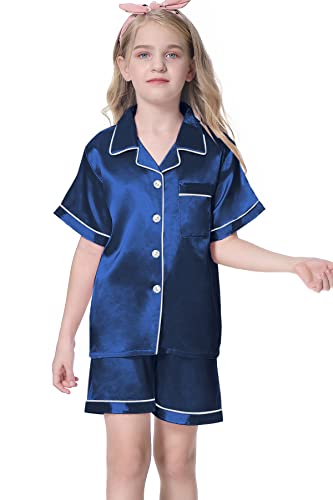 Image of Umeyda Women & Girls Pajamas Set, 2 Piece PJS Satin Silk Sleepwear Button-Down Top with Shorts for Mom Kids Gifts
