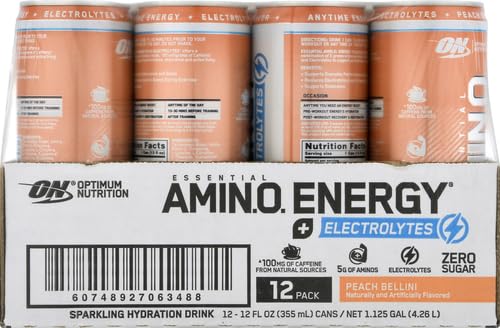 Image of Optimum Nutrition Amino Energy Sparkling Hydration Drink,Electrolytes,Caffeine,Amino Acids,BCAAs,Sugar Free,Peach Bellini,12 Fl Oz,(Packaging May Vary),12 Count (Pack of 2)