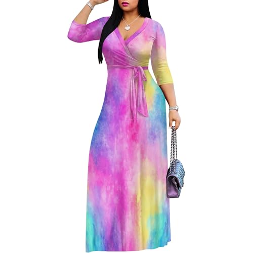 Image of PinkPatty Women's Print Maxi Dresses 3 /4 Sleeve Flowy Long Dress V Neck Wrap Tie Waist Sundress