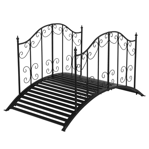 Bonnlo Gartenbrücke Metall 120cm Teichbrücke mit kunstvoll gemustertem Geländer Brücke Stabil und Wetterfest bis 204 kg belastbar Zierbrücke für Garten Teich und Bach Schwarz