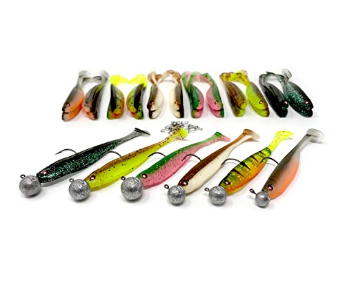 Foto von Zanderfang - Gummifisch Box Gummifische mit Jigkopf zum Zanderangeln mit Gummifisch - 30 Zander Gummifische in 6 Farben in 9,5 cm - 16 Jigköpfe Größe 2/0: 5-20 Gramm + 10 Einhänger (Snaps)