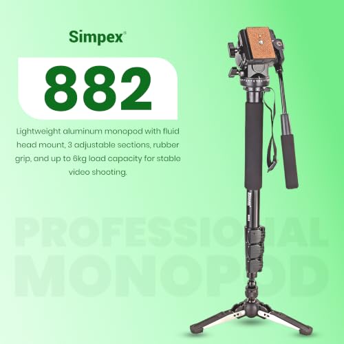 Image of Simpex Monopod 882 Professional Aluminum Monopod with Fluid Head Mount for Video Production Stand for DSLR Cameras, camcorders with 3 Adjustable Sections and Rubber Grip, Payload Upto 6kgs