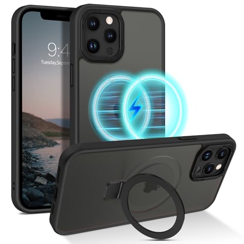BENTOBEN Funda para iPhone 12 Pro MAX Magnética [Compatible con MagSafe] Carga Inalámbrica Carcasa iPhone 12 Pro MAX Funda con Anillo Soporte Invisible Protección Translúcido Mate AntiGolpes -Negro