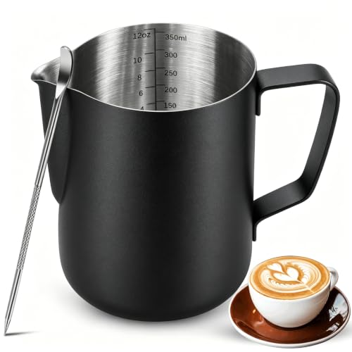 Milchkännchen zum Aufschäumen, 350 ml, Edelstahl, Milchkännchen mit Latte Art Stift, mit Innenmaßen, für Cappuccino, Espresso und mehr