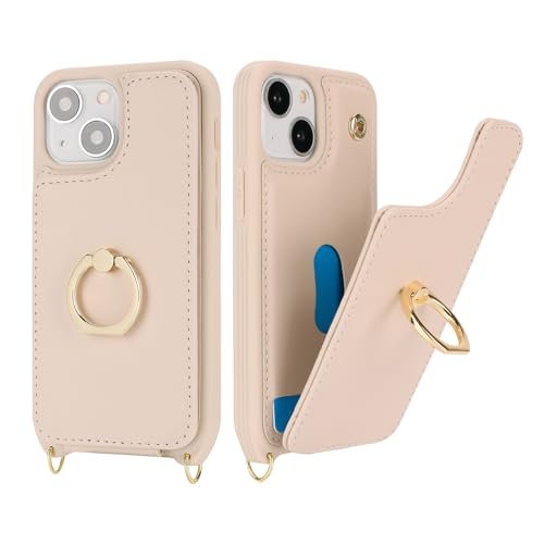 Image of for iPhone 13 Mini Case with Card Holder and Strap for Women,Crossbody Lanyard,Kickstand Ring Stand,Snap Clasp,RFID Blocking,Phone Wallet Cases 5.4 inch(Beige)