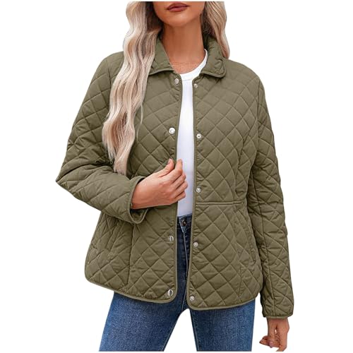 Chaqueta acolchada casual con solapa de color liso y manga larga para mujer Abrigo de invierno Lana para mujer, Verde militar., L