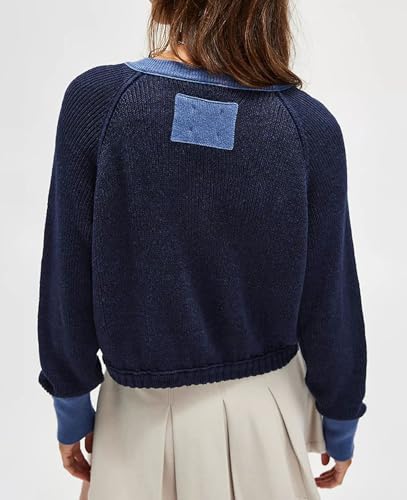 Image of loveimgs Women Knitted Button Down Cropped Cardigan Jacket Sweater Y2k Fall Knit Color Block Sweater Crewneck Crop Short Coat