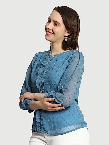 Image of PRETTIFY Women's Regular Fit Solid Embroidery Georgette Waist Length, 3 /4 Sheer Sleeve, Round Neck Casual Wear Western Shirt Top for College /Office Girls