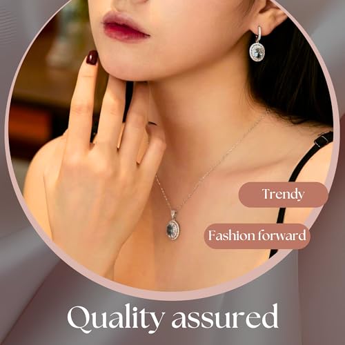 925 Sterling Silver Jewelry Set - Oval Blue Topaz-Tone and CZ Diamond Halo Necklace with Matching Earrings, Dainty Pendant Set with Exquisite Leather Box4